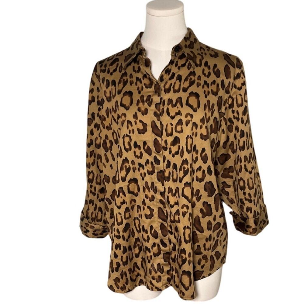 Chaps XL Leopard Print Button Front Cotton Blouse Long Sleeve‎ Safari Shirt